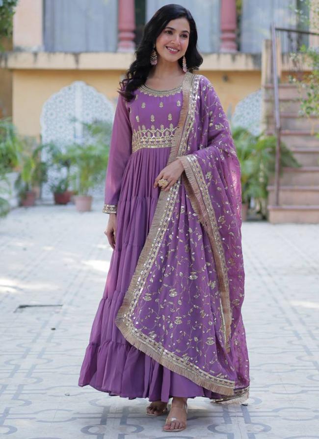 Georgette Purple Festival Wear Embroidery Work Readymade Gown With Dupatta